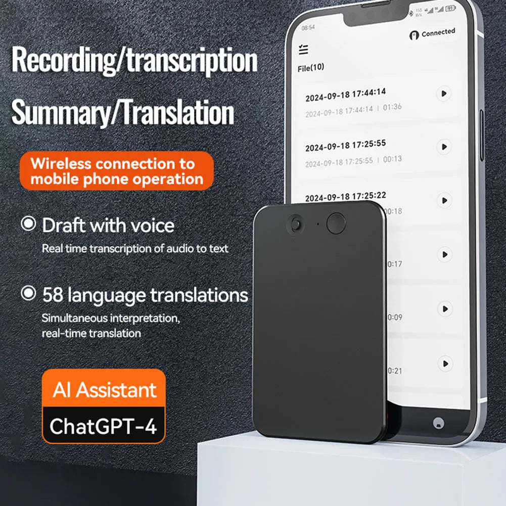 AI voice recorder, meeting transcription device, smart recorder with translation, GPT4 voice recorder, real time translate recorder, interview recorder AI